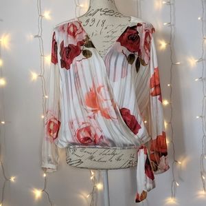 Semi-Sheer White and Rose Print Guess Blouse Wrap Style Shirt with Ribbon Tie